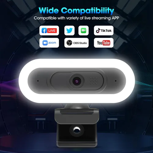 Vista 8 de Cámara web de transmisión ToLuLu 2K 50FPS, cámara web LED RGB con micrófono y luz, cámara de computadora con enfoque automático con cubierta