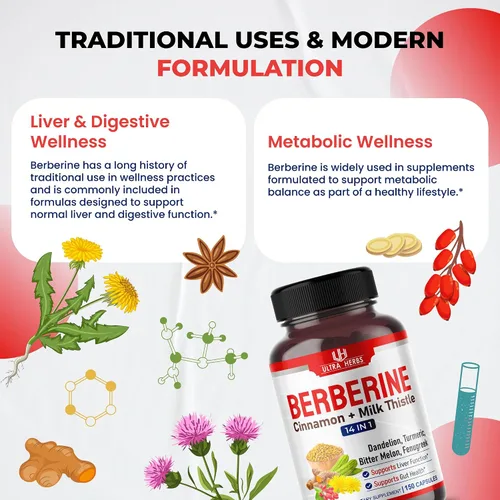 Vista 7 de Ultra Herbs Berberina prémium con canela, cardo mariano - Promueve la función hepática, la salud intestinal y la inmunidad (150