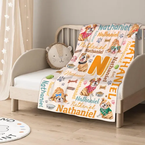 Vista 4 de Manta preescolar personalizada de bulldog para bebés, niños y niñas, sábanas de franela personalizadas súper suaves y ligeras, decoración para cuna