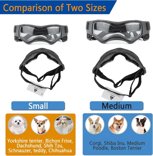 Vista 3 de Gafas de sol para perros pequeños, protección contra los rayos UV, el viento y el polvo con correa ajustable (negro)
