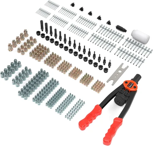 Vista 9 de Kit de pistola de remache de doble función, incluye 405 tuercas de remache, remaches ciegos, 15 mandriles, 5 boquillas de remache, multiusos