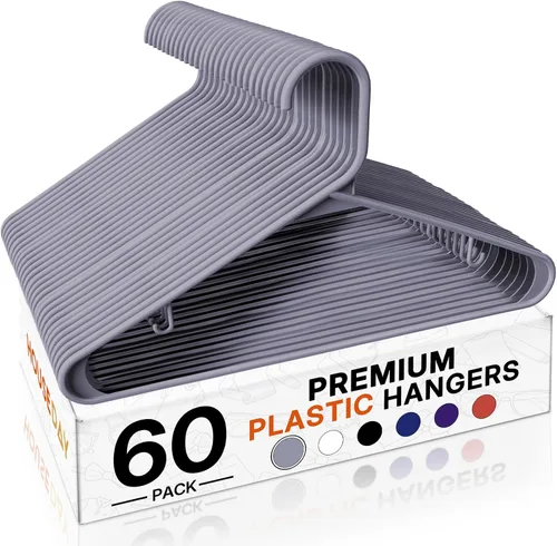 Vista 13 de HOUSE DAY Paquete de 10 perchas de plástico color negro, perchas de plástico con ganchos integrados, percha duradera y fuerte para armario, ahorro