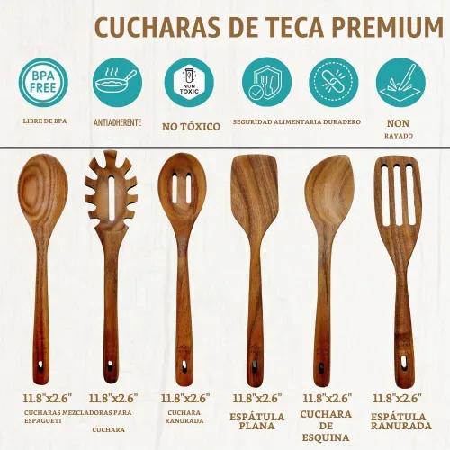 Vista 2 de Utensilios de madera para cocinar, cucharas saludables de teca premium, cucharas de madera para cocinar, cuchara de cocina de teca duradera