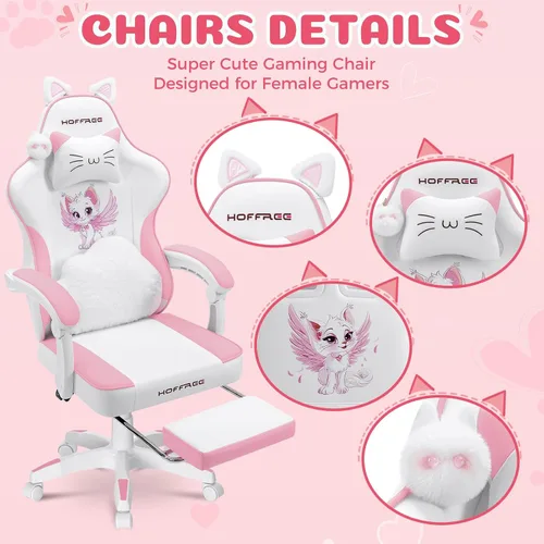 Vista 4 de HOFFREE Silla de juegos rosa para niña, linda silla de computadora de Rosa + blanco