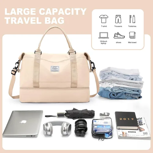 Vista 3 de Bolsas de fin de semana para mujer, bolsas de viaje con compartimento para zapatos, Beige, Bolsa de viaje+neceser