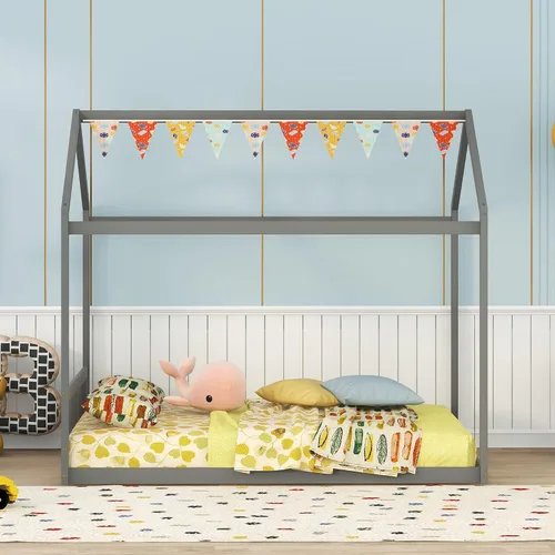 Vista 3 de Harper & Bright Designs Marco de cama de casa tamaño Queen, marco de cama Montessori de madera con cabecero, cama de piso para niños para niñas Gris