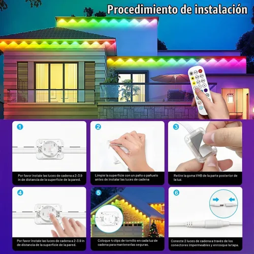 Vista 8 de Luces Permanentes para Exteriores, Luces de Cadena para Exteriores de 200 pies RGB Inteligentes con 72 Modos de Escena, Luces de Vacaciones