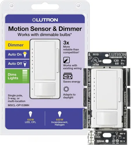 Vista 22 de Lutron Maestro Interruptor regulador con sensor de movimiento para baño, garaje, lavandería y armario, sensor de ocupación y ausencia