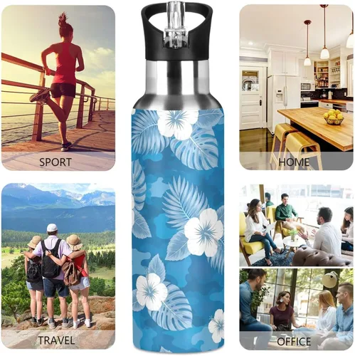 Vista 5 de Stainless Steel Vacuum Insulated Water Bottle 20 Oz, Leakproof Water Bottles for Gym Outdoor Travel School, Flowers Tropical Leaves Blue