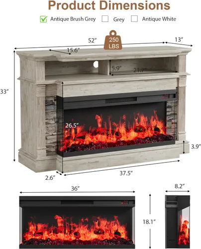Vista 4 de Soporte de TV con chimenea para televisores de hasta 65", centro de entretenimiento con chimenea de 52" estilo rústico con chimenea eléctrica