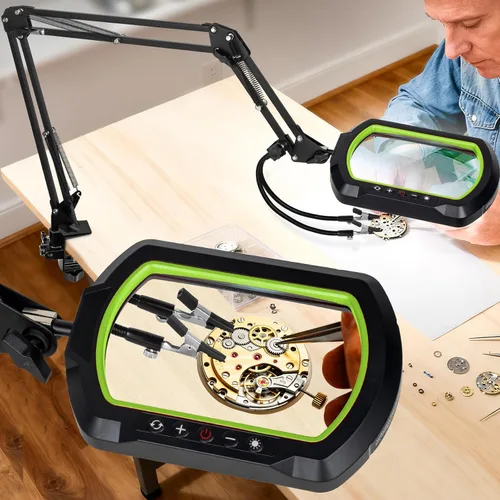 Vista 10 de Lupa 12X con luz y soporte, manos que ayudan a soldar Negro