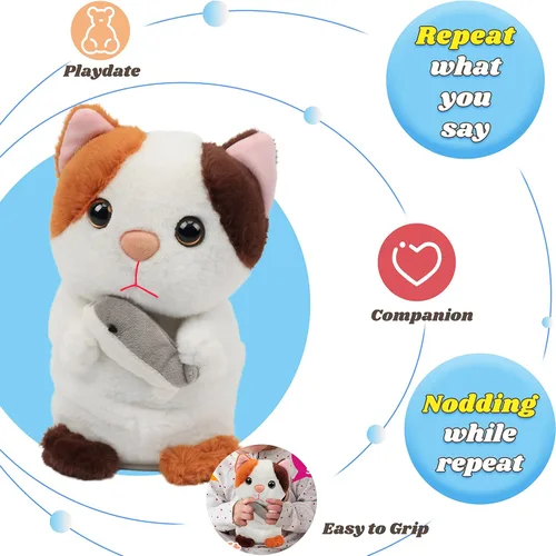 Vista 5 de Hopearl Gatito parlante repite lo que dices, gato con pez, juguete animado interactivo eléctrico, juguete de peluche para niños pequeños, 7 pulgadas