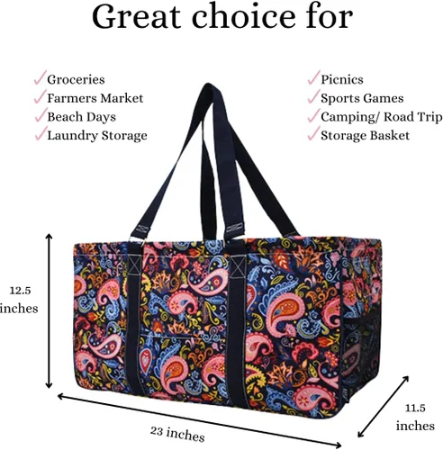 Vista 310 de NGIL Bolsa de comestibles reutilizable extra grande plegable de gran tamaño para comestibles, almacenamiento, picnic, playa, Estampado