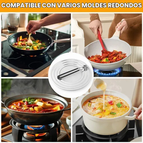 Vista 7 de Pantalla de salpicaduras de acero inoxidable para sartén, protector de salpicaduras de grasa plegable con mango aislado plegable para sartenes