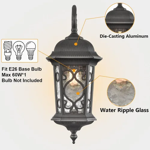 Vista 6 de Lámpara de Pared para Exteriores Negra, Linterna de Pared Exterior de 21", Luz de Aplique Impermeable con Pantalla de Cristal Resistente al Agua