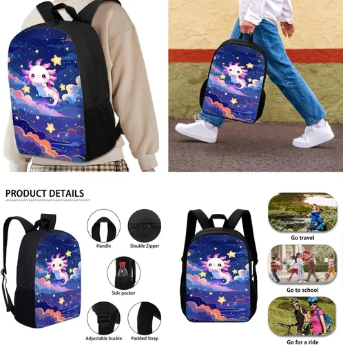 Vista 3 de Belidome Juego de mochila escolar, estuche para lápices, bolsa de almuerzo, soporte para botellas para niños y niños, paquete de 4, Adorable Axolotl