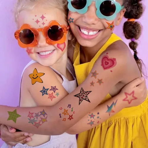 Vista 6 de CHARLENT Tatuajes temporales de estrellas con purpurina para niños, 74 hojas individuales, impermeables y fáciles de despegar, perfectos