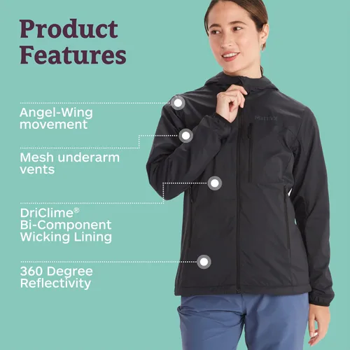 Vista 5 de MARMOT Sudadera con capucha Ether Driclime para mujer, transpirable, cómoda, plegable, cortavientos con capucha Negro