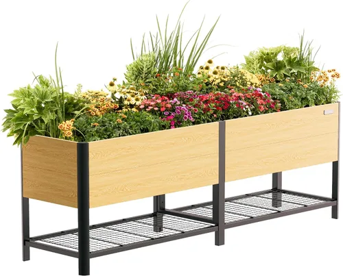 Vista 13 de Cama de jardín elevada con ruedas, macetas elevadas de grano de madera de metal de 2 x 4 pies con patas y estante de almacenamiento para patio