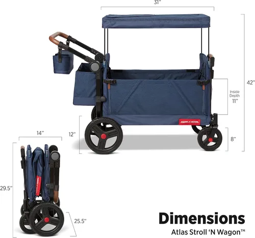Vista 3 de Radio Flyer Atlas Stroll 'N Wagon, azul marino, para mayores de 1 año, versatilidad de empuje o tracción 3 en 1, plegable con una sola mano, toldo