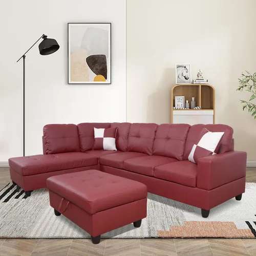 Vista 8 de Juego de sofá seccional de cuero para sala de estar, juego de 3 piezas con almacenamiento otomano negro para sala de estar/dormitorio/apartamento