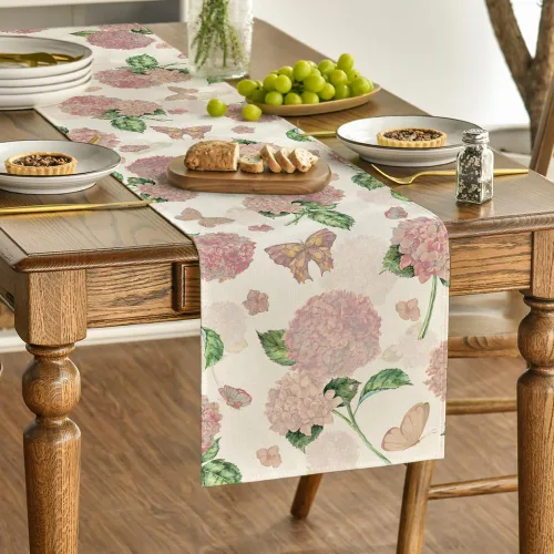 Vista 3 de Artoid Mode Camino de mesa de primavera de mariposa de hortensias rosas, decoración de mesa de comedor de cocina y vacaciones de verano, decoración