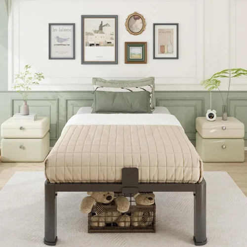 Vista 3 de Firpeesy 14 Inch Twin Size Bed Frame, Sturdiness Metal Twin Platform Bed Frame with Storage, No Box Spring Needed, Noiseless, Ease of Assembly