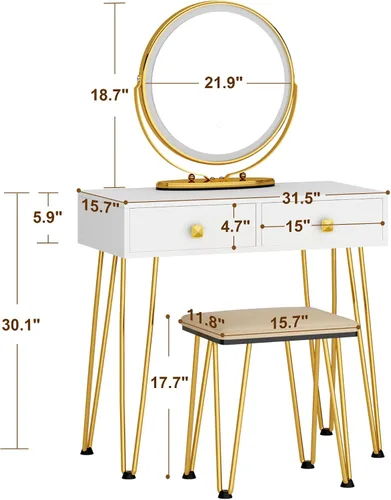 Vista 3 de SDHYL Juego de tocador con espejo y luces, tocador de maquillaje con espejo giratorio circular, tocador blanco con mucho almacenamiento, 3 modos