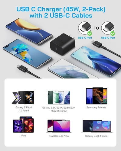 Vista 5 de AISNI Paquete de 2 cargadores tipo C de 45 W de carga rápida con cable tipo C de 6 pies Bloque de cargador USB C para Galaxy S26/S25/24/S23 Ultra