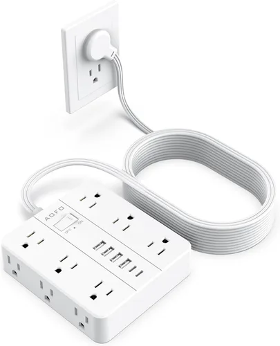 Vista 11 de Regleta de Enchufe Plano, AOFO Cable de Extensión de 5 Pies con 12 Tomacorrientes y 6 Puertos USB (4 USB-A, 2 USB-C), Protector contra
