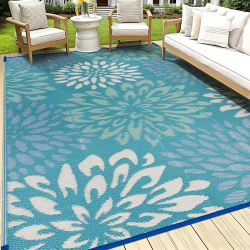 Vista 10 de HEBE Alfombra impermeable para exteriores de 5 x 8 pies para patios, alfombra de paja de plástico reversible floral, alfombra de patio, alfombra