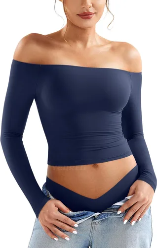 Vista 14 de YEOREO Sophie - Camisetas básicas de manga larga con hombros descubiertos para mujer, con doble forro, para salir Y2K Negro