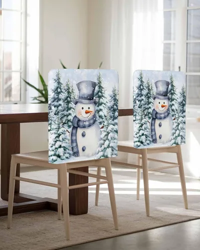Vista 5 de Paquete de 4 fundas para respaldo de silla de muñeco de nieve de Navidad azul para sillas de comedor, lavables y extraíbles, protector de silla