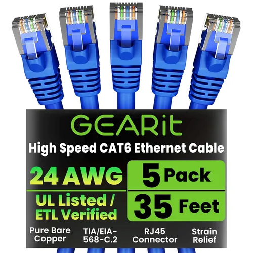 Vista 53 de GEARit Cables de conexión Cat6 de 1 pie negro (paquete de 5) Cables de conexión Cat 6 de 1 pie, cable de conexión negro/Ethernet, 10Gbps 550MHz