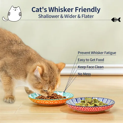 Vista 2 de Selamica Cuencos de cerámica para gatos, 6 pulgadas de ancho poco profundos para aliviar la fatiga de los bigotes, juego de 4, colores surtidos