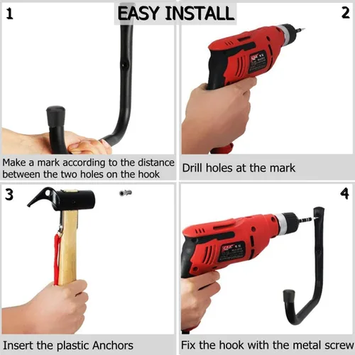 Vista 7 de Garaje de almacenamiento J Utility Hook, paquete de 8 ganchos resistentes para colgar en la pared, organizar herramientas de jardín, bolsas