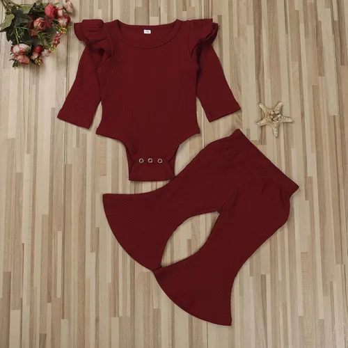 Vista 2 de Ropa para bebé y niña, acanalado, con volantes, manga larga, mameluco, pantalones acampanados, color sólido, otoño, invierno, trajes de 2 piezas