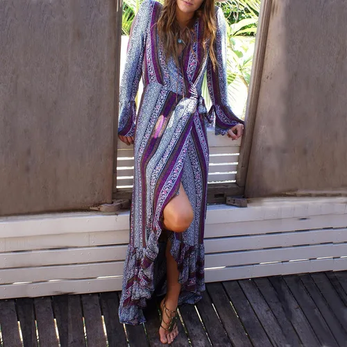 Vista 2 de R.Vivimos - Maxi vestido de manga larga para mujer, ideal para el verano.