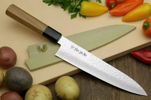 Vista 2 de Yoshihiro VG-10 Cuchillo de chef japonés Gyuto de Damasco martillado de 46 capas (mango de ambrosía octogonal) (7 pulgadas (7.087 in)