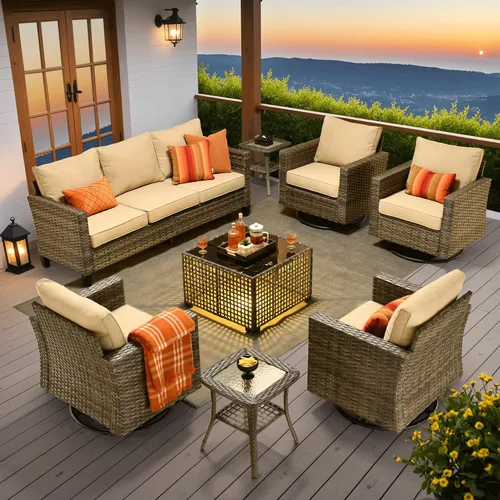 Vista 34 de ovios Juego de muebles de patio de 4 piezas con sofá de exterior, luces solares, mesa, cojines cómodos, sofá de conversación de mimbre de ratán
