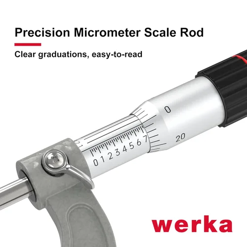 Vista 5 de Werka Micrómetro exterior profesional, rango de 0-1 pulgada con graduaciones de 0.0001 pulgadas, herramienta de medición de precisión con tope