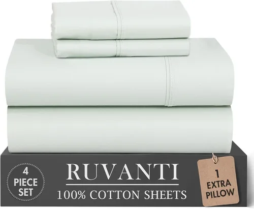 Vista 16 de RUVANTI 4 piezas de sábanas de algodón - 100% algodón natural suave, ligero y transpirable, sábanas de percal crujiente, juego de sábanas Botanica