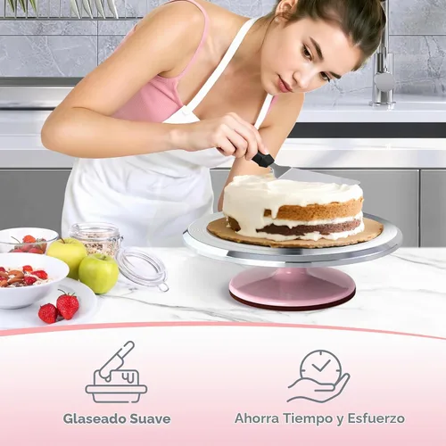 Vista 7 de Ohuhu Tocadiscos para tartas, aluminio de 12 pulgadas, kit de decoración de tartas, suministros giratorios, soporte giratorio con 2 espátulas de Rosa