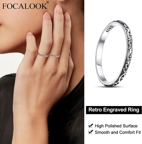 Vista 2 de FOCALOOK Anillo de plata de ley 925 de 0.110 in de ancho, tamaño 4, anillo de plata envejecida, hipoalergénico para mujer