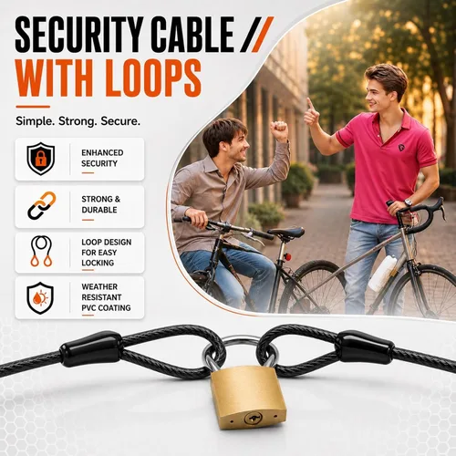 Vista 6 de Cable de seguridad para bicicleta con bucles, cable de bloqueo resistente de 3/8 pulgadas (0.394 in), cadena de seguridad de acero recubierto