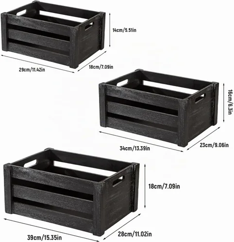 Vista 2 de Cajas grandes clásicas de madera negra para exhibición, conjunto de 3 cajas de madera con asas, cajas de madera hechas a mano estilo rústico