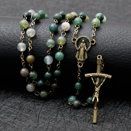 Vista 3 de KOMI Rosario de cuentas católicas para mujer, collar de cuentas de rosario con cruz de crucifijo, perlas de cristal, rosario, rosarios, católicos