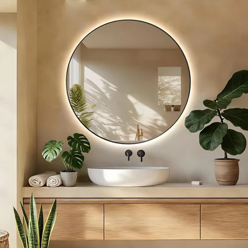Vista 28 de Espejo de Baño LED Redondo de 24", Espejo de Tocador Retroiluminado Montado en Pared con Marco Biselado de 45°, Espejo Iluminado para Dormitorio