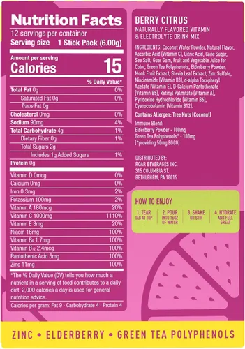 Vista 2 de ROAR Polvo de apoyo inmunológico, paquetes de hidratación con zinc y saúco, electrolitos en polvo, sin OMG, sin gluten, bayas cítricas, 12
