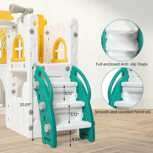 Vista 8 de Juego de toboganes 8 en 1 para niños, centro de actividades para interiores y exteriores, juego de tobogán escalador para niños con aro